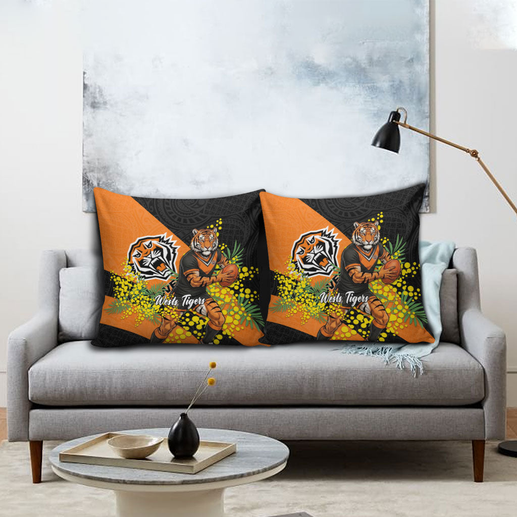 Wests Tigers Pillow Cover Golden Wattle Floral Polynesian - Australian Flower - Rugby Mascot