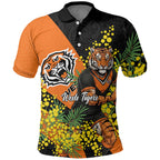 Wests Tigers Polo Shirt Golden Wattle Floral Polynesian - Australian Flower - Rugby Mascot