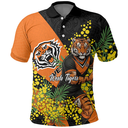Wests Tigers Polo Shirt Golden Wattle Floral Polynesian - Australian Flower - Rugby Mascot