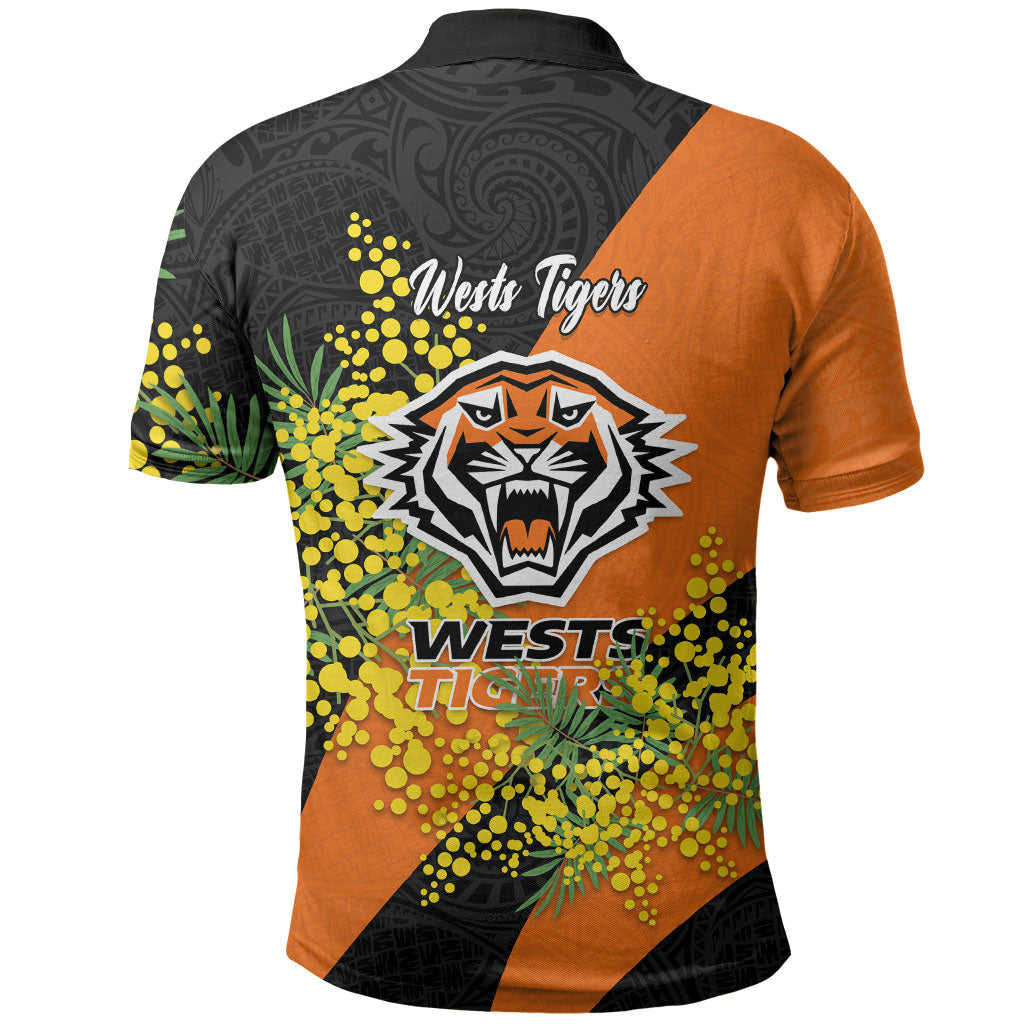 Wests Tigers Polo Shirt Golden Wattle Floral Polynesian - Australian Flower - Rugby Mascot