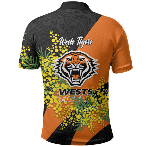 Wests Tigers Polo Shirt Golden Wattle Floral Polynesian - Australian Flower - Rugby Mascot
