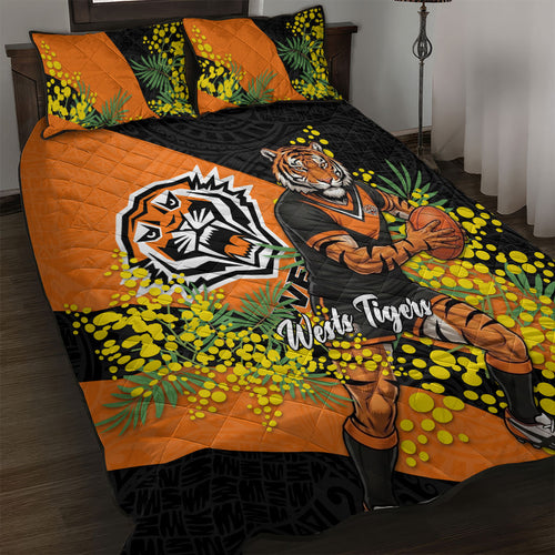 Wests Tigers Quilt Bed Set Golden Wattle Floral Polynesian - Australian Flower - Rugby Mascot