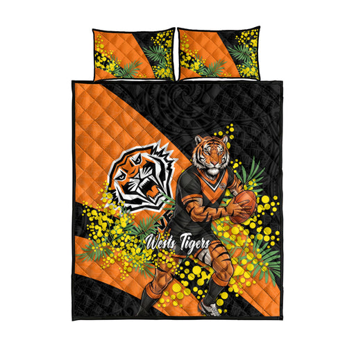 Wests Tigers Quilt Bed Set Golden Wattle Floral Polynesian - Australian Flower - Rugby Mascot