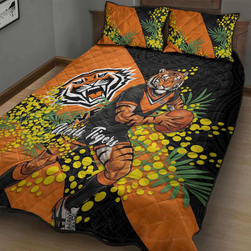 Wests Tigers Quilt Bed Set Golden Wattle Floral Polynesian - Australian Flower - Rugby Mascot