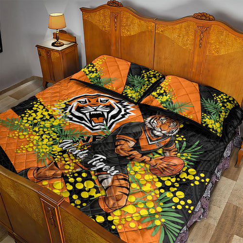 Wests Tigers Quilt Bed Set Golden Wattle Floral Polynesian - Australian Flower - Rugby Mascot
