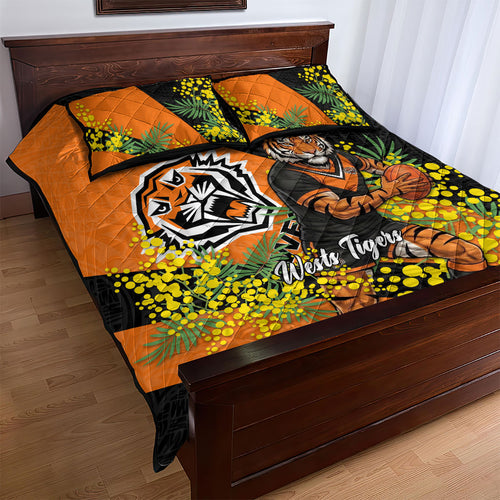 Wests Tigers Quilt Bed Set Golden Wattle Floral Polynesian - Australian Flower - Rugby Mascot