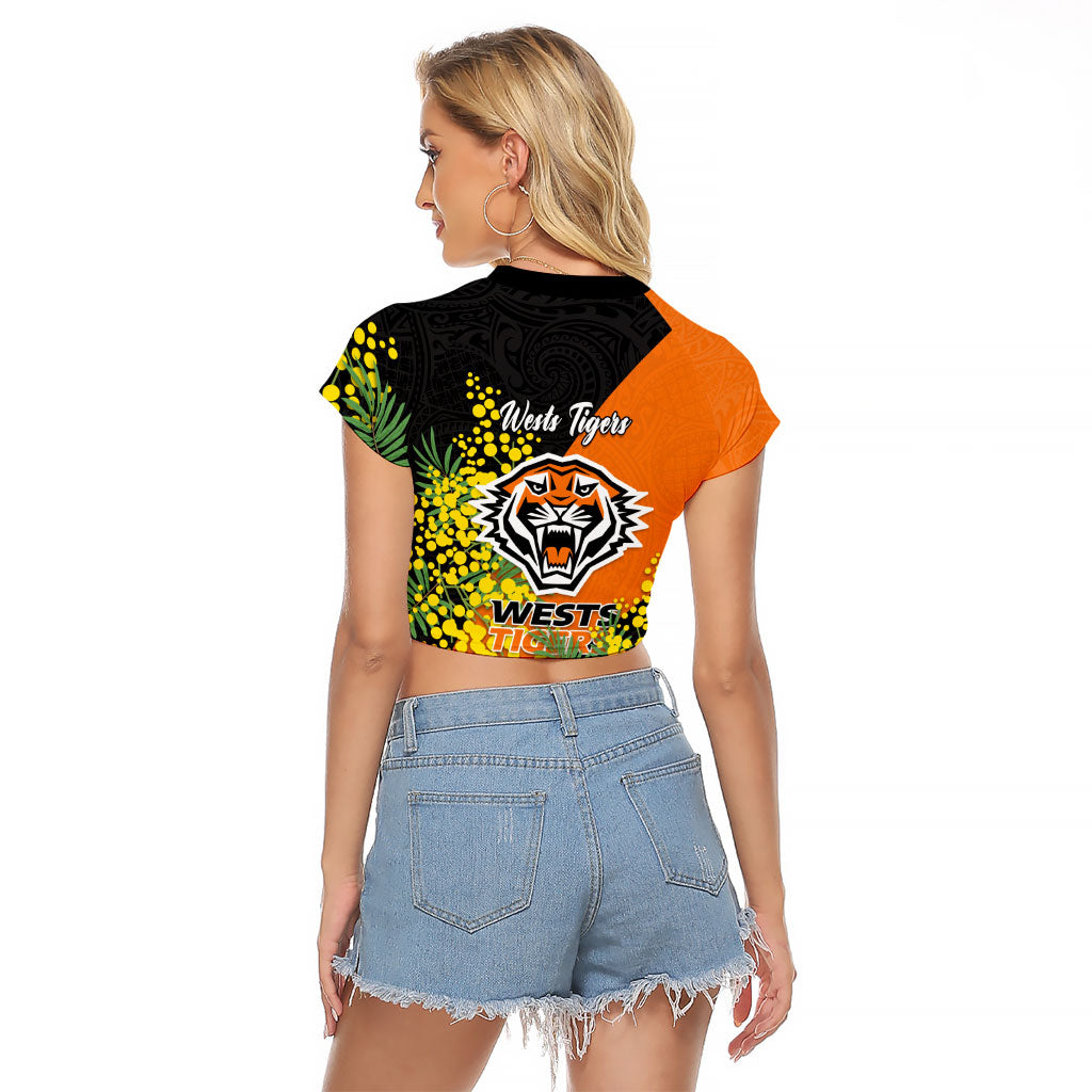 Wests Tigers Raglan Cropped T Shirt Golden Wattle Floral Polynesian - Australian Flower - Rugby Mascot