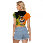 Wests Tigers Raglan Cropped T Shirt Golden Wattle Floral Polynesian - Australian Flower - Rugby Mascot