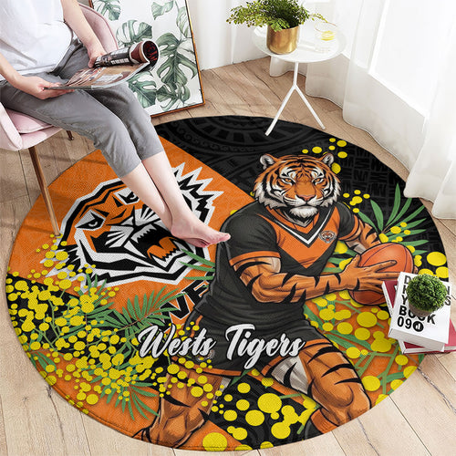 Wests Tigers Round Carpet Golden Wattle Floral Polynesian - Australian Flower - Rugby Mascot