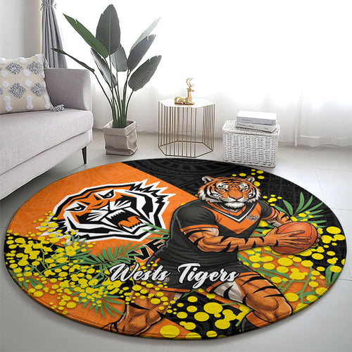 Wests Tigers Round Carpet Golden Wattle Floral Polynesian - Australian Flower - Rugby Mascot
