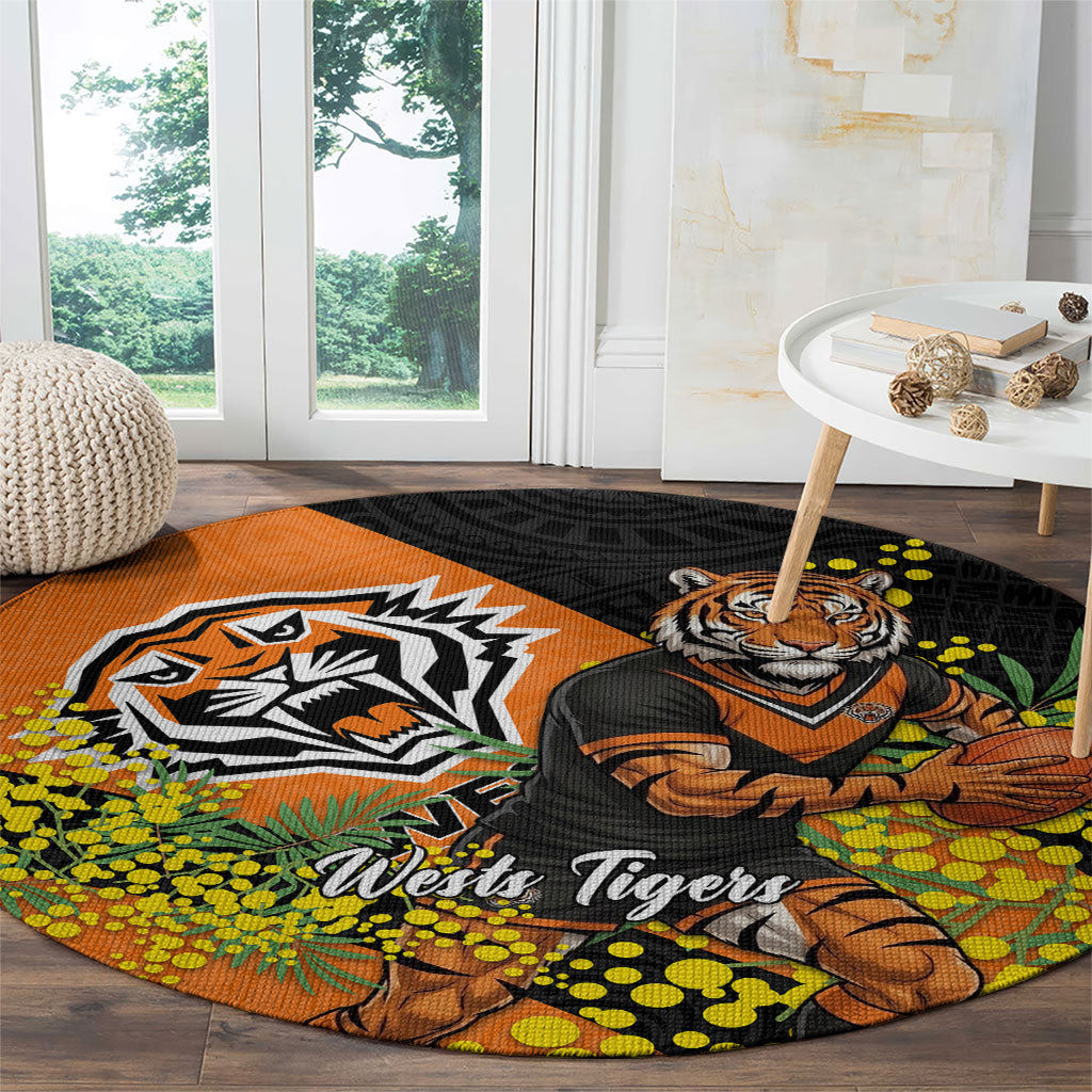 Wests Tigers Round Carpet Golden Wattle Floral Polynesian - Australian Flower - Rugby Mascot