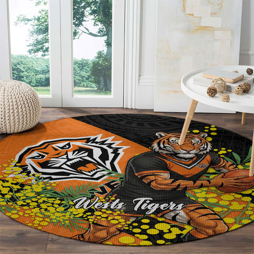 Wests Tigers Round Carpet Golden Wattle Floral Polynesian - Australian Flower - Rugby Mascot