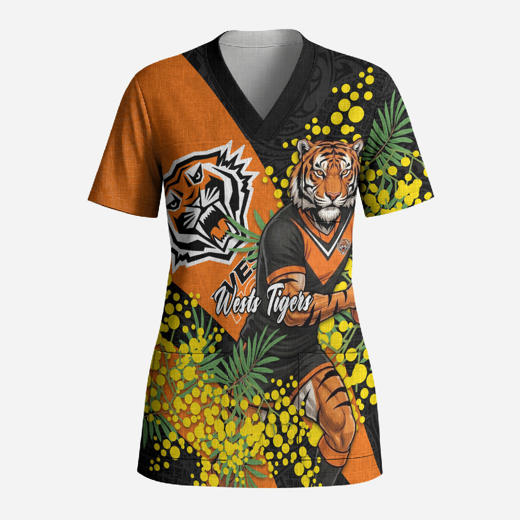 Wests Tigers Scrub Top Golden Wattle Floral Polynesian - Australian Flower - Rugby Mascot
