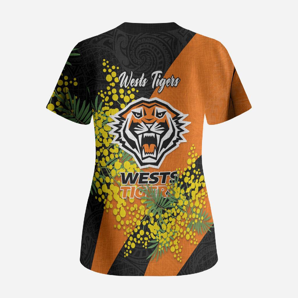 Wests Tigers Scrub Top Golden Wattle Floral Polynesian - Australian Flower - Rugby Mascot