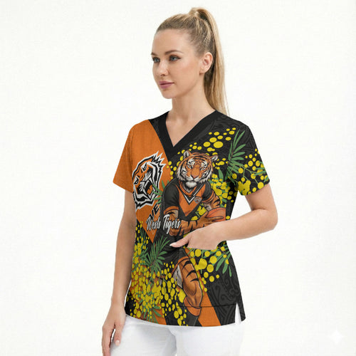 Wests Tigers Scrub Top Golden Wattle Floral Polynesian - Australian Flower - Rugby Mascot