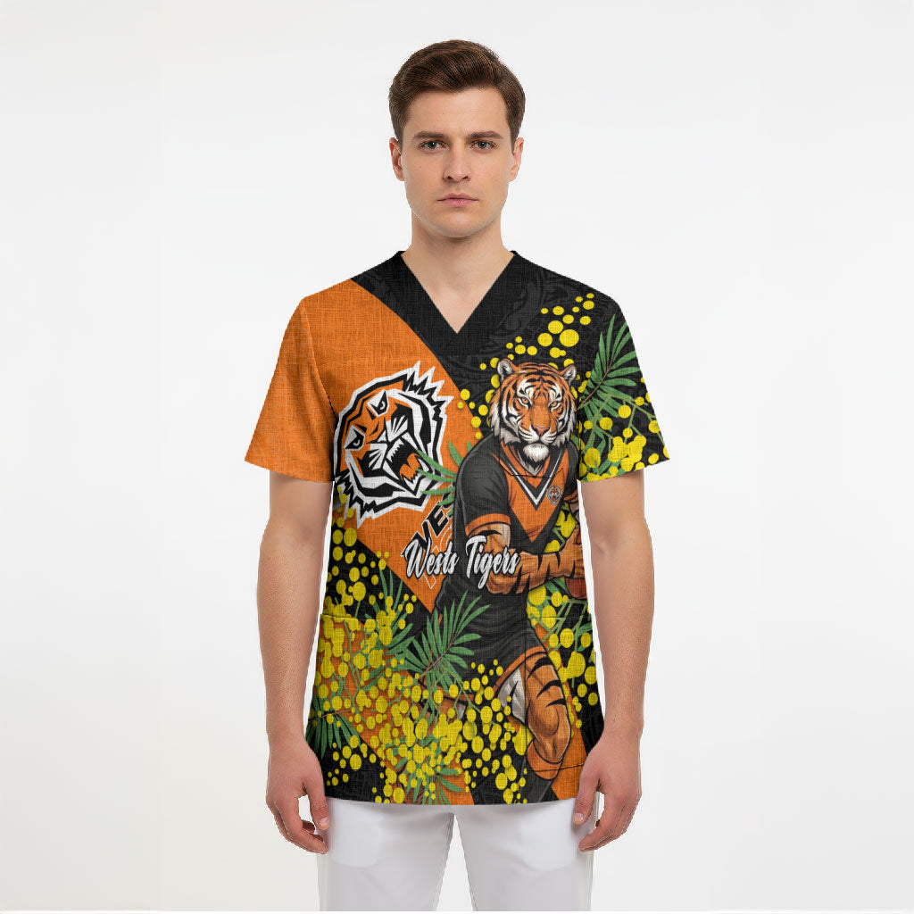 Wests Tigers Scrub Top Golden Wattle Floral Polynesian - Australian Flower - Rugby Mascot