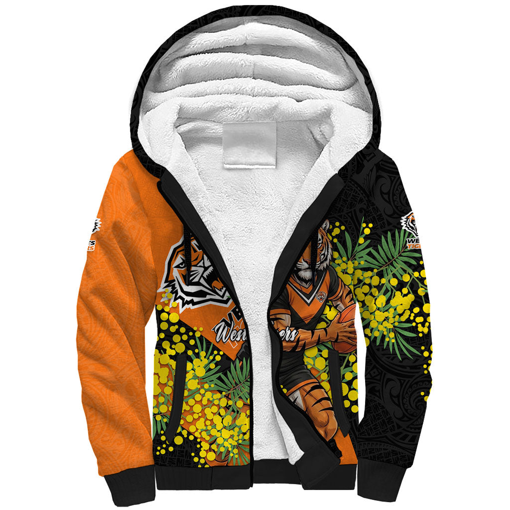 Wests Tigers Sherpa Hoodie Golden Wattle Floral Polynesian - Australian Flower - Rugby Mascot