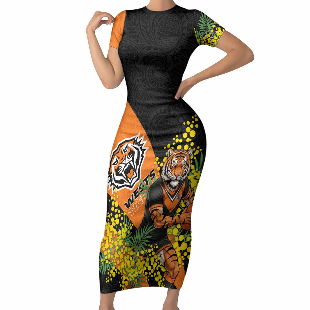 Wests Tigers Short Sleeve Bodycon Dress Golden Wattle Floral Polynesian - Australian Flower - Rugby Mascot