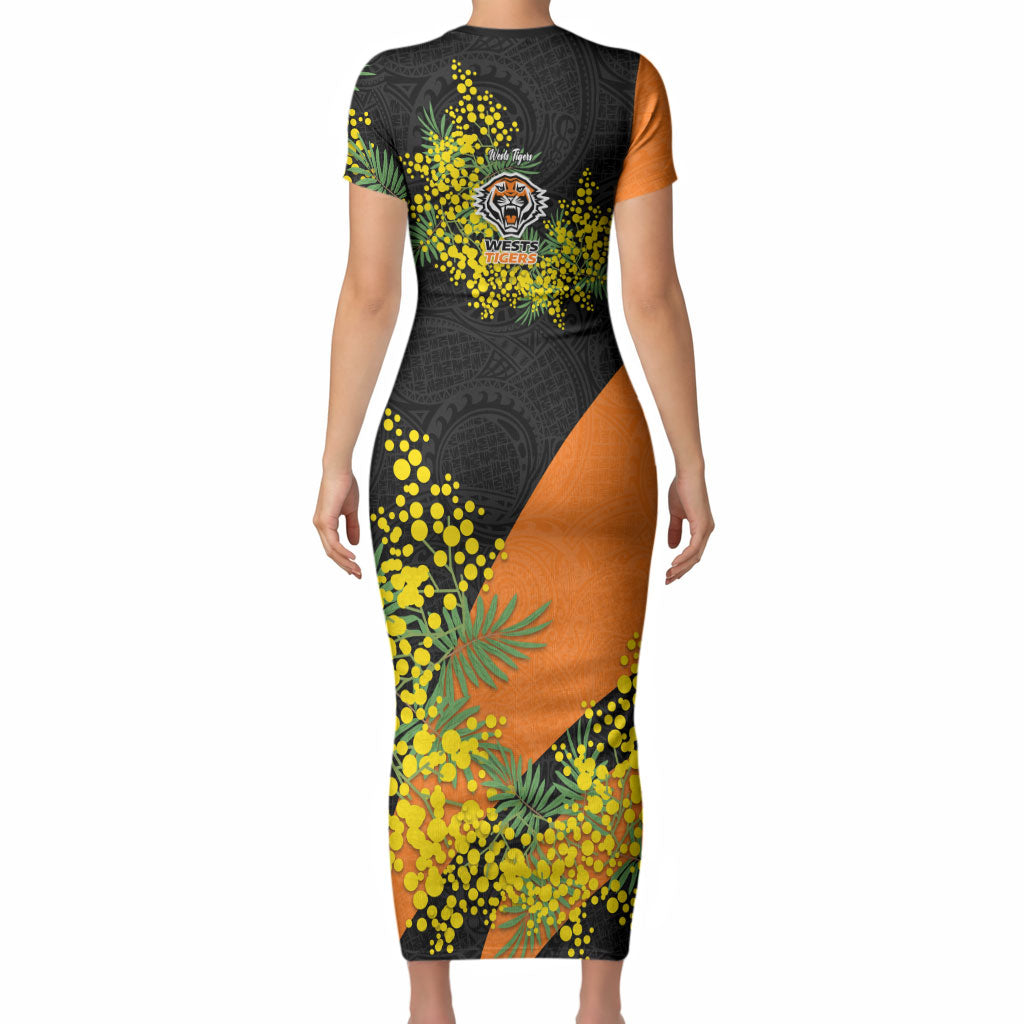 Wests Tigers Short Sleeve Bodycon Dress Golden Wattle Floral Polynesian - Australian Flower - Rugby Mascot