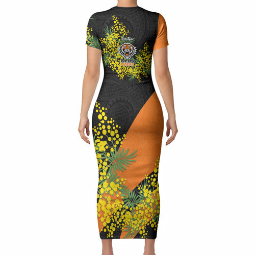 Wests Tigers Short Sleeve Bodycon Dress Golden Wattle Floral Polynesian - Australian Flower - Rugby Mascot