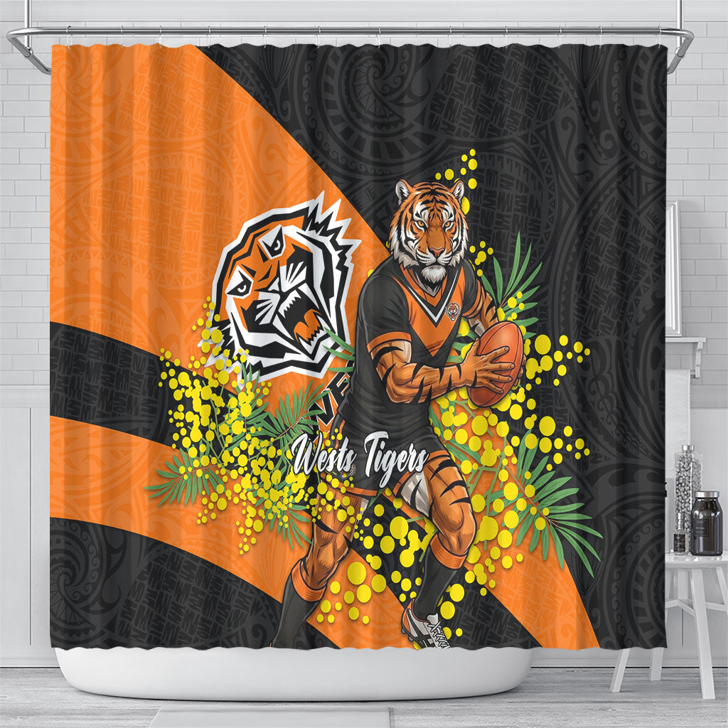 Wests Tigers Shower Curtain Golden Wattle Floral Polynesian - Australian Flower - Rugby Mascot