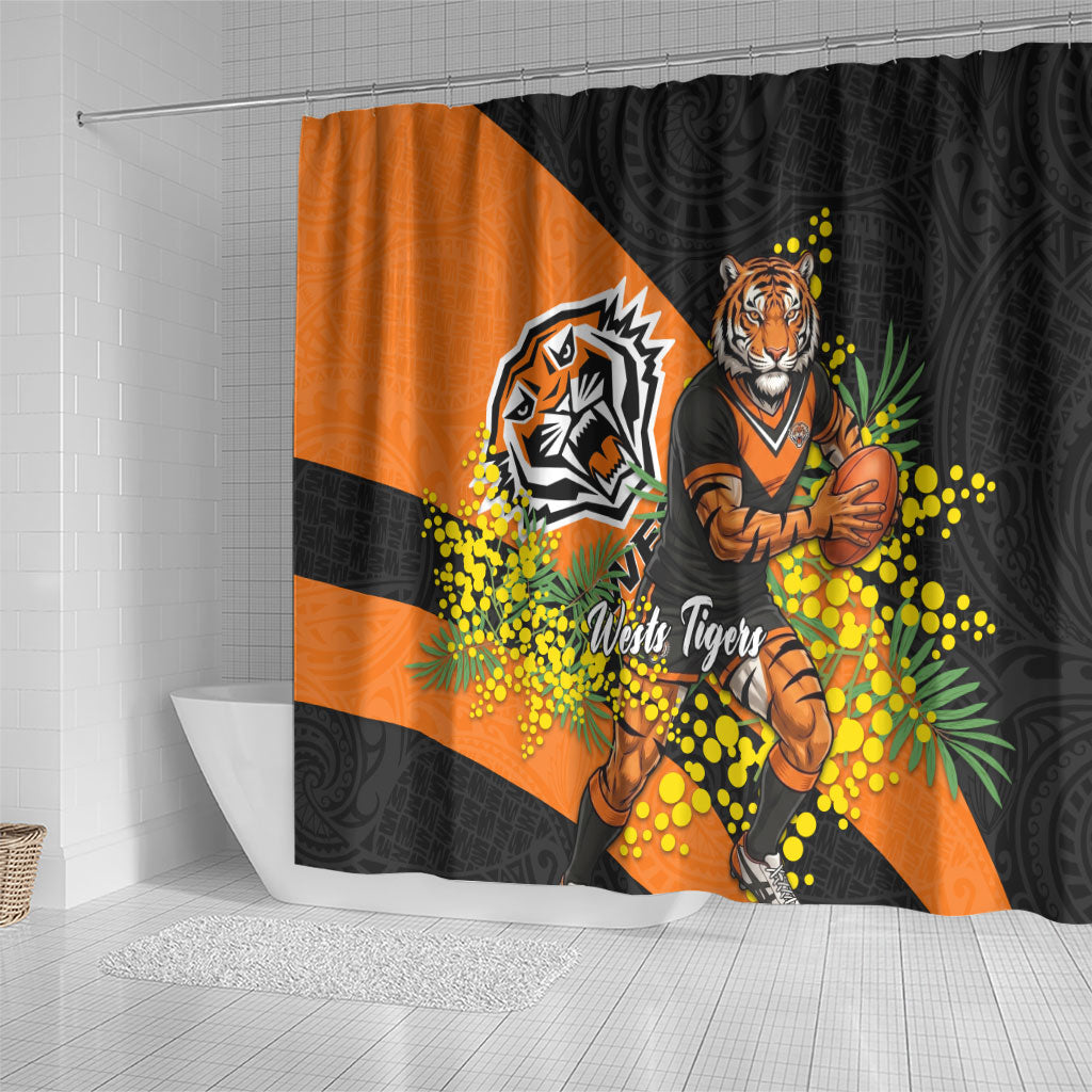 Wests Tigers Shower Curtain Golden Wattle Floral Polynesian - Australian Flower - Rugby Mascot