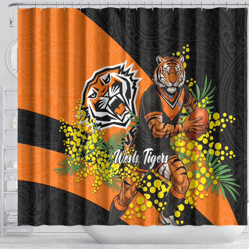 Wests Tigers Shower Curtain Golden Wattle Floral Polynesian - Australian Flower - Rugby Mascot