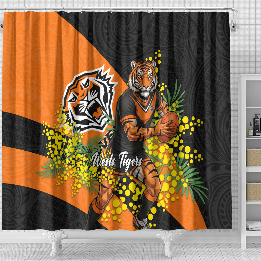 Wests Tigers Shower Curtain Golden Wattle Floral Polynesian - Australian Flower - Rugby Mascot