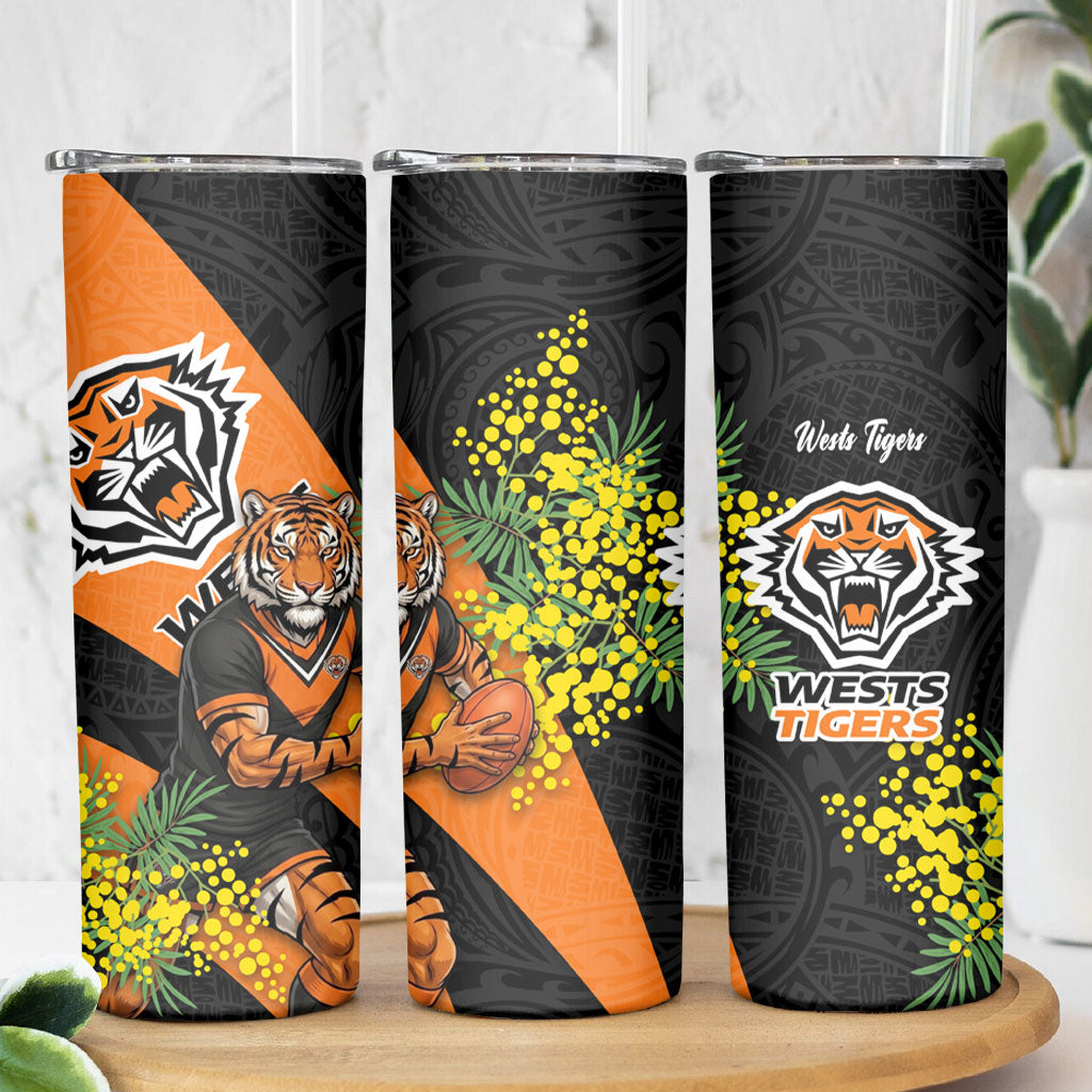 Wests Tigers Skinny Tumbler Golden Wattle Floral Polynesian - Australian Flower - Rugby Mascot