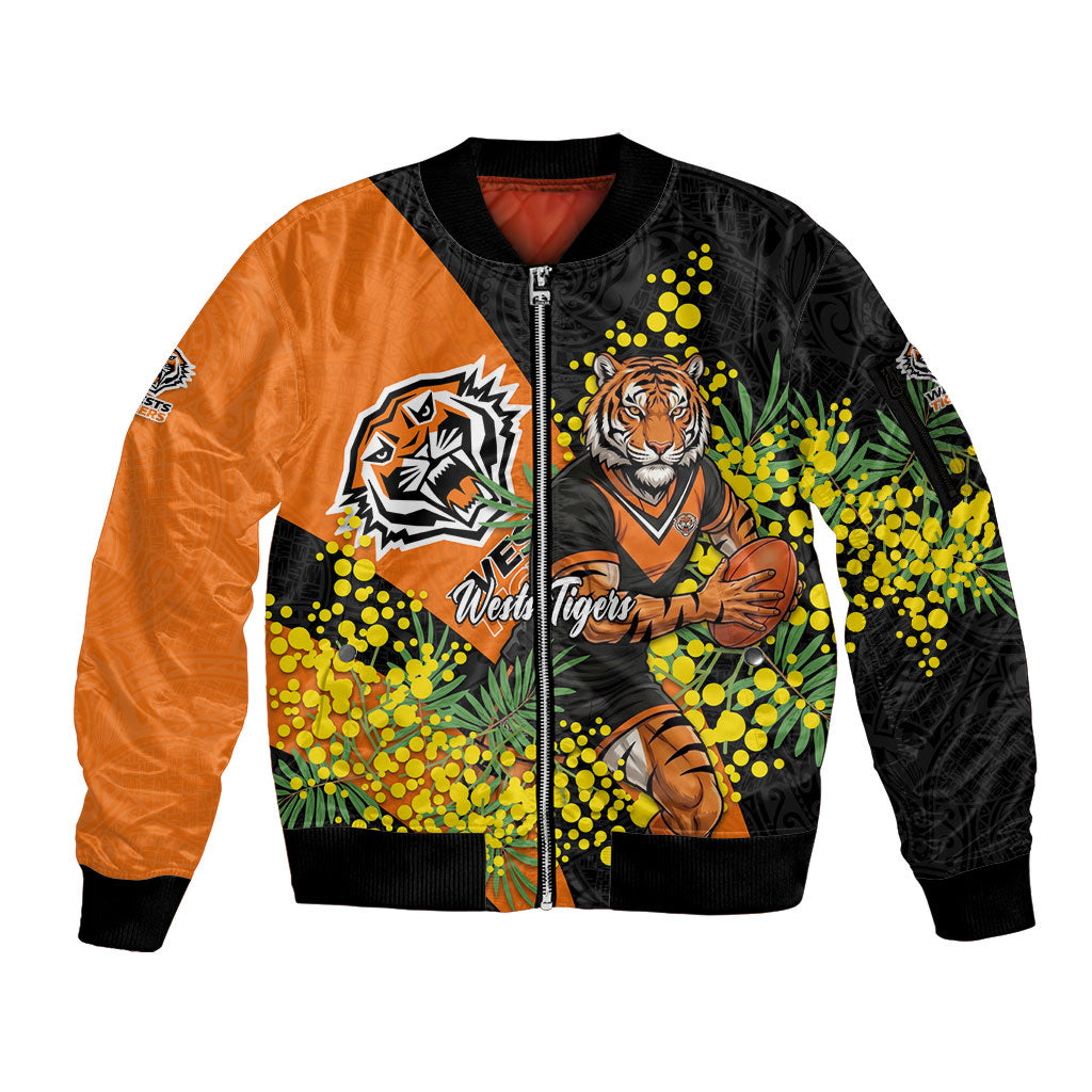 Wests Tigers Sleeve Zip Bomber Jacket Golden Wattle Floral Polynesian - Australian Flower - Rugby Mascot