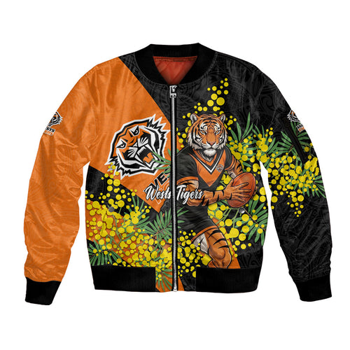 Wests Tigers Sleeve Zip Bomber Jacket Golden Wattle Floral Polynesian - Australian Flower - Rugby Mascot