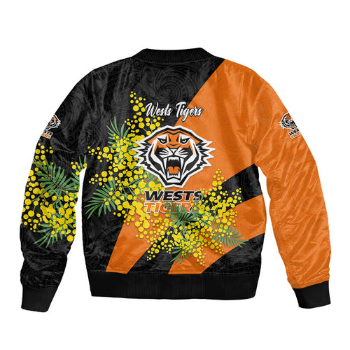 Wests Tigers Sleeve Zip Bomber Jacket Golden Wattle Floral Polynesian - Australian Flower - Rugby Mascot