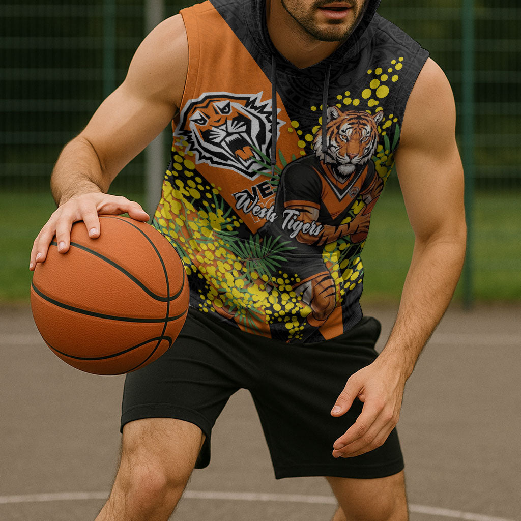 Wests Tigers Sleeveless Hoodie Golden Wattle Floral Polynesian - Australian Flower - Rugby Mascot
