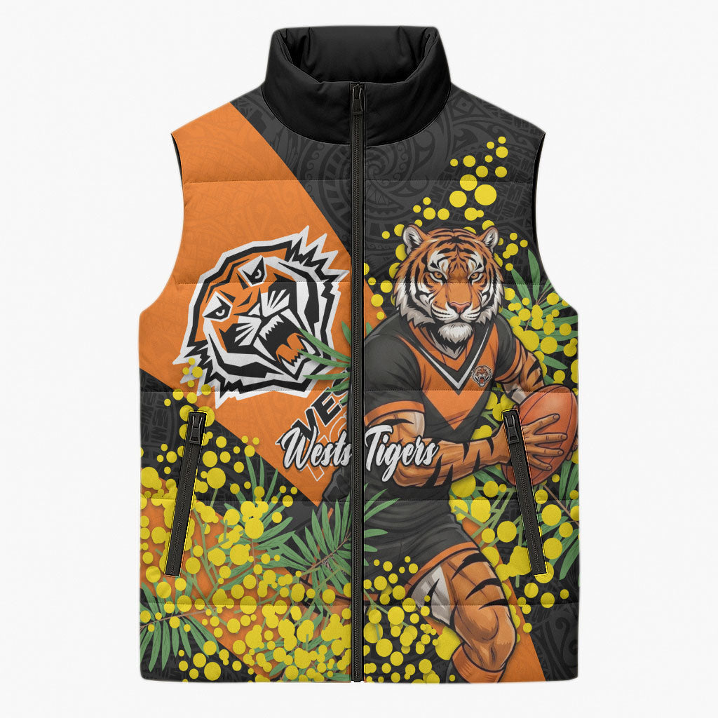 Wests Tigers Sleeveless Puffer Jacket Golden Wattle Floral Polynesian - Australian Flower - Rugby Mascot