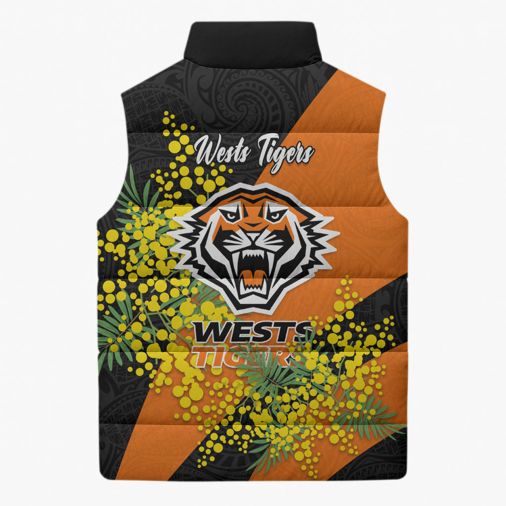 Wests Tigers Sleeveless Puffer Jacket Golden Wattle Floral Polynesian - Australian Flower - Rugby Mascot