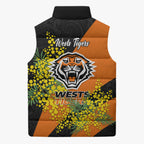 Wests Tigers Sleeveless Puffer Jacket Golden Wattle Floral Polynesian - Australian Flower - Rugby Mascot