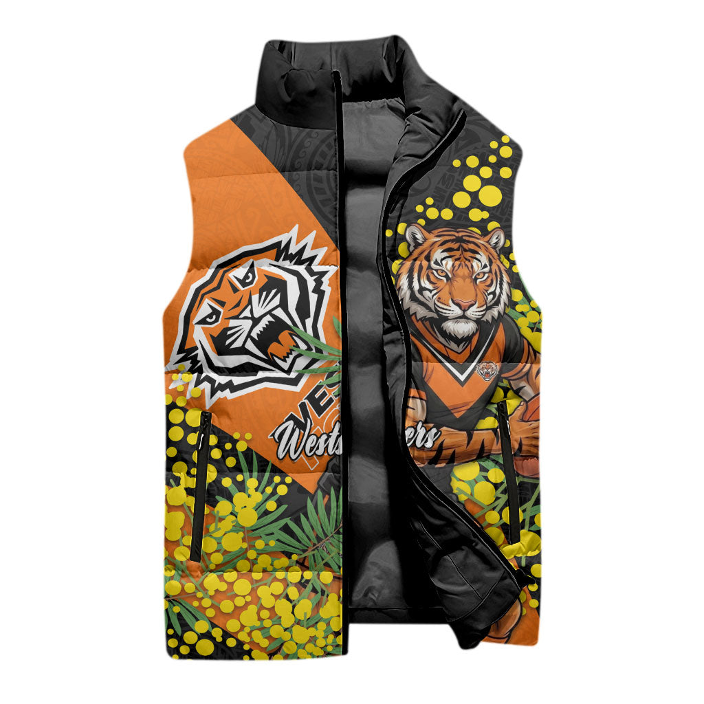 Wests Tigers Sleeveless Puffer Jacket Golden Wattle Floral Polynesian - Australian Flower - Rugby Mascot