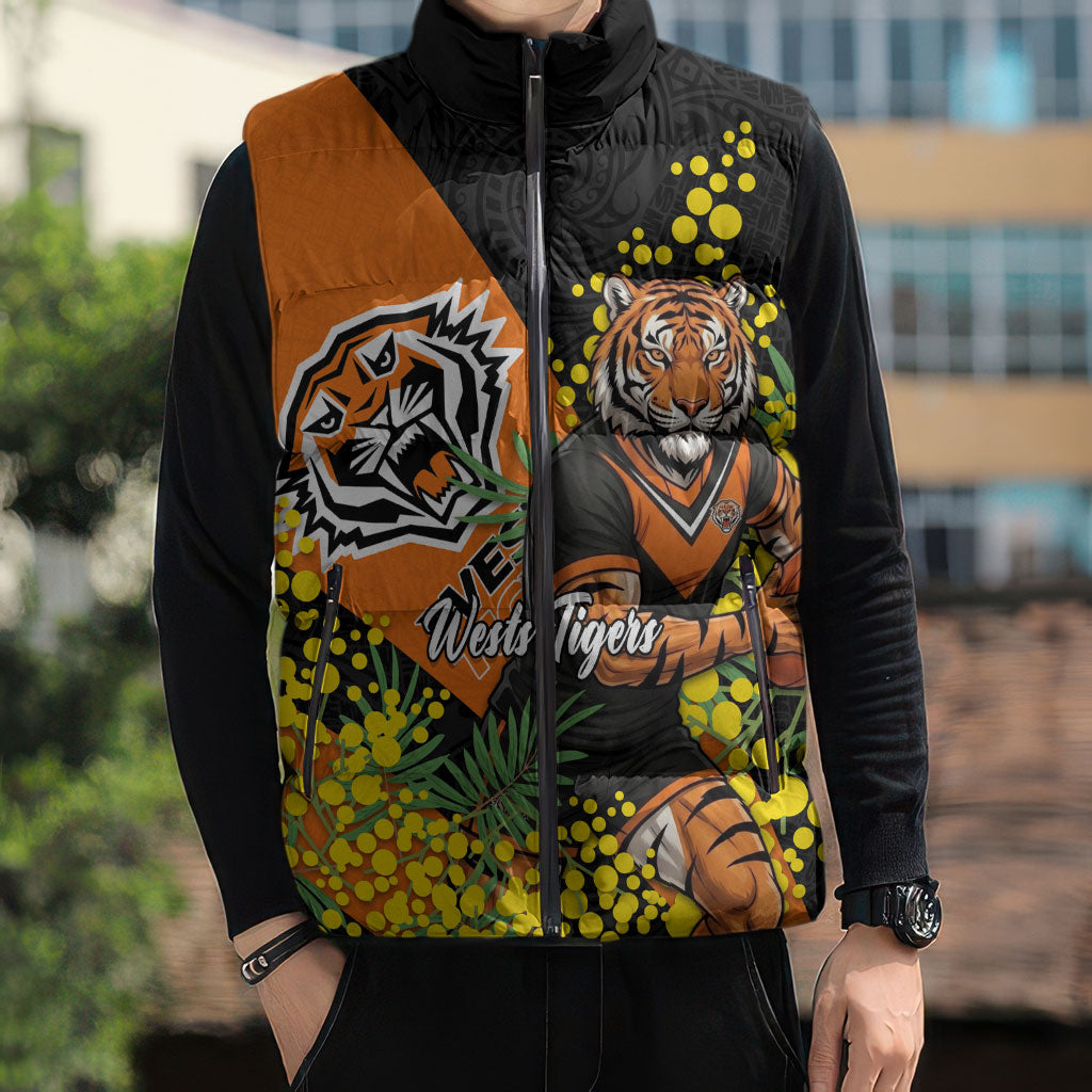 Wests Tigers Sleeveless Puffer Jacket Golden Wattle Floral Polynesian - Australian Flower - Rugby Mascot