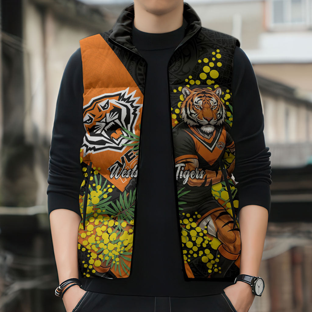 Wests Tigers Sleeveless Puffer Jacket Golden Wattle Floral Polynesian - Australian Flower - Rugby Mascot