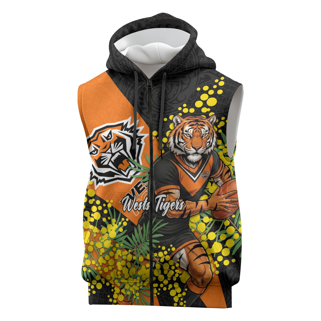 Wests Tigers Sleeveless Zip Hoodie Golden Wattle Floral Polynesian - Australian Flower - Rugby Mascot