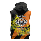 Wests Tigers Sleeveless Zip Hoodie Golden Wattle Floral Polynesian - Australian Flower - Rugby Mascot