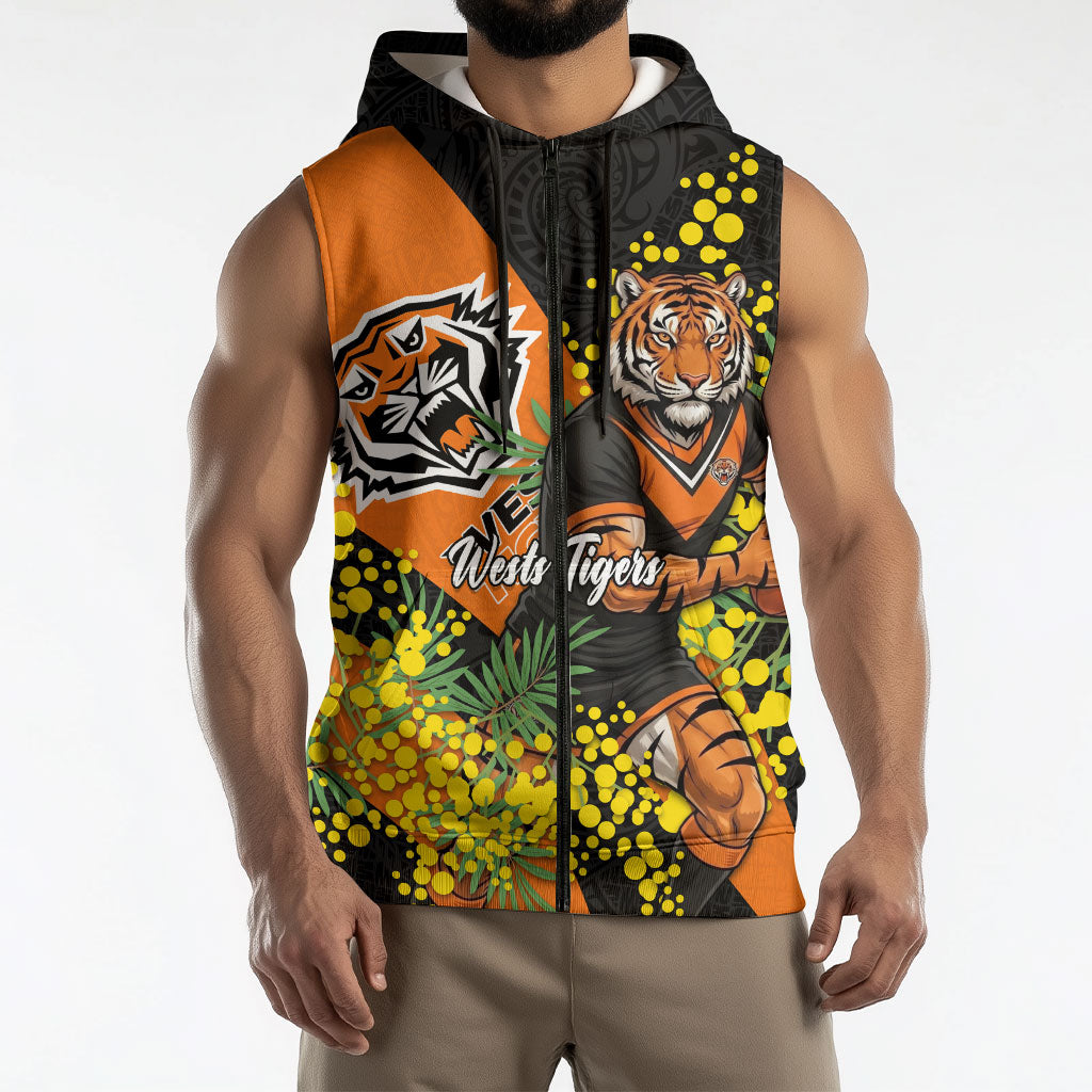 Wests Tigers Sleeveless Zip Hoodie Golden Wattle Floral Polynesian - Australian Flower - Rugby Mascot
