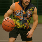 Wests Tigers Sleeveless Zip Hoodie Golden Wattle Floral Polynesian - Australian Flower - Rugby Mascot