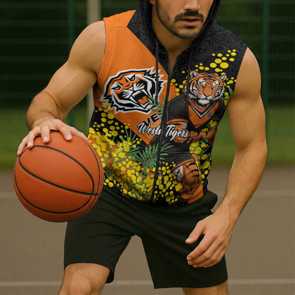Wests Tigers Sleeveless Zip Hoodie Golden Wattle Floral Polynesian - Australian Flower - Rugby Mascot