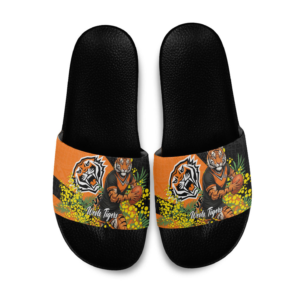 Wests Tigers Slide Sandals Golden Wattle Floral Polynesian - Australian Flower - Rugby Mascot