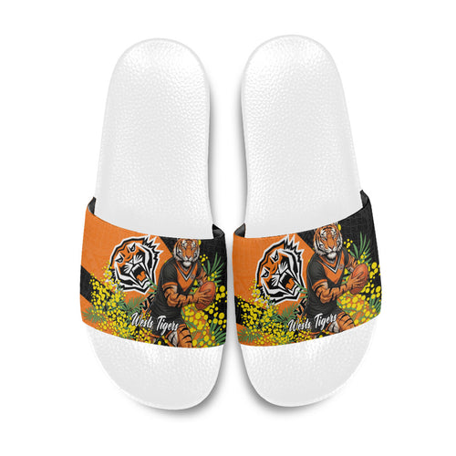 Wests Tigers Slide Sandals Golden Wattle Floral Polynesian - Australian Flower - Rugby Mascot