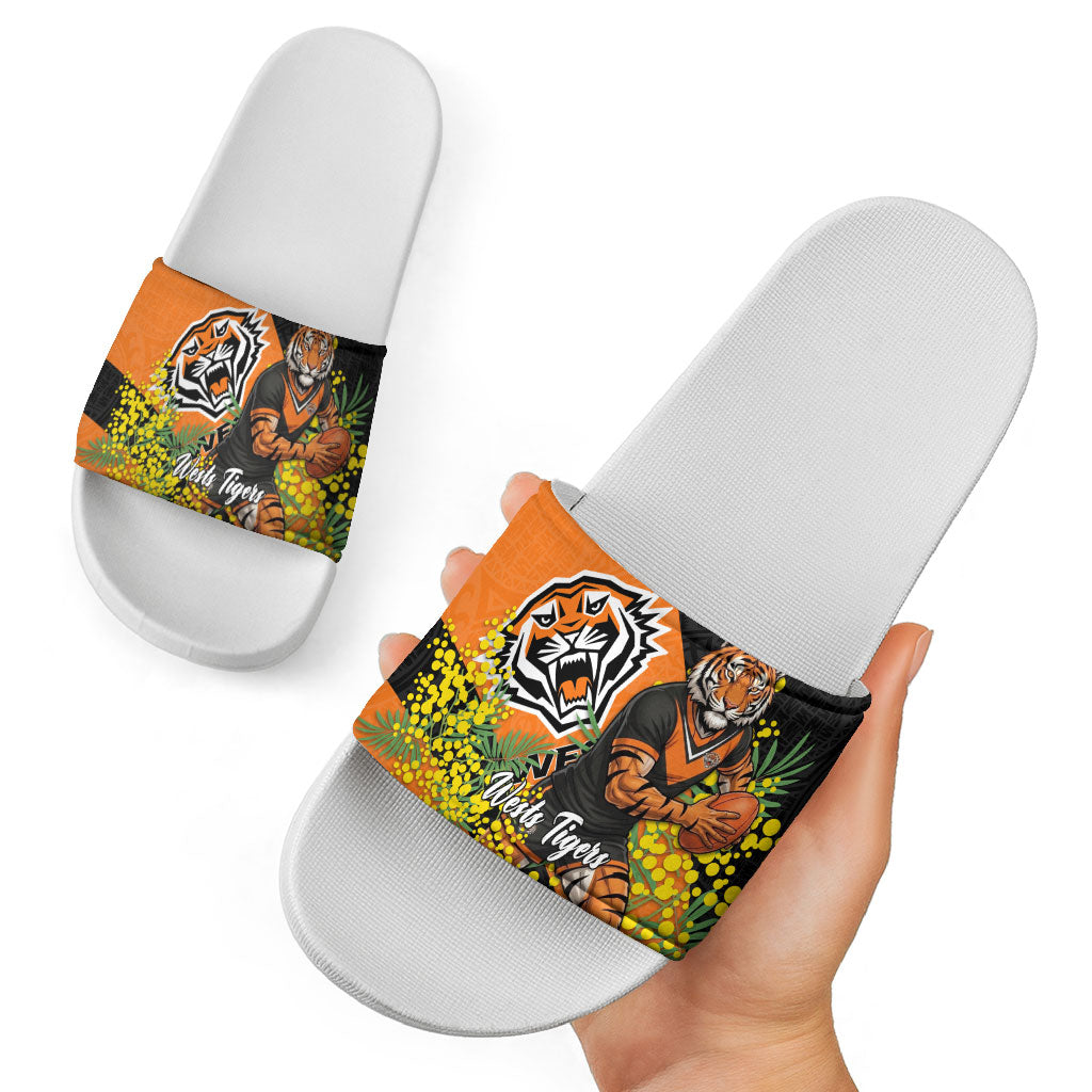 Wests Tigers Slide Sandals Golden Wattle Floral Polynesian - Australian Flower - Rugby Mascot