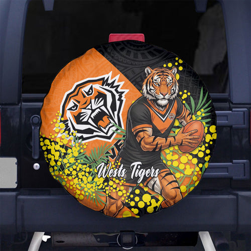 Wests Tigers Spare Tire Cover Golden Wattle Floral Polynesian - Australian Flower - Rugby Mascot