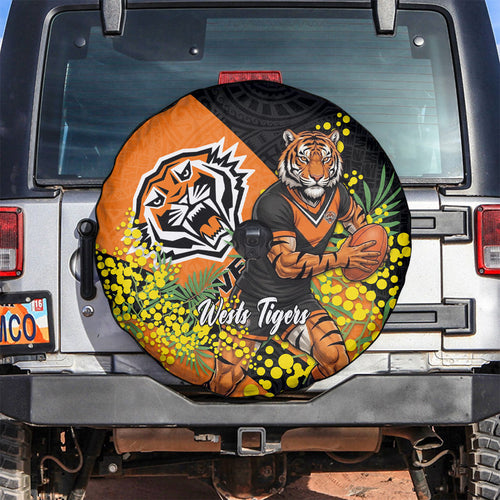 Wests Tigers Spare Tire Cover Golden Wattle Floral Polynesian - Australian Flower - Rugby Mascot