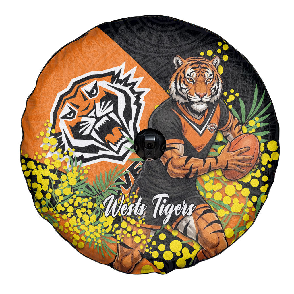 Wests Tigers Spare Tire Cover Golden Wattle Floral Polynesian - Australian Flower - Rugby Mascot